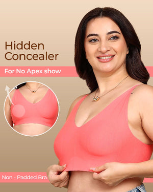 Woman wearing a pink bra with 'Hidden Concealer' text and inset showing no apex show.