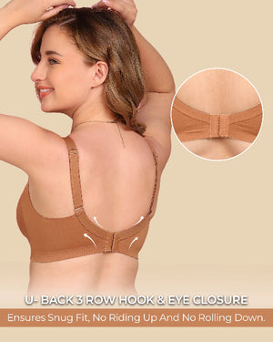 Woman wearing a brown bra with close-up of U-back closure on beige background
