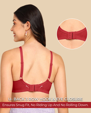 Red bra with U-back 3-row hook & eye closure on a beige background