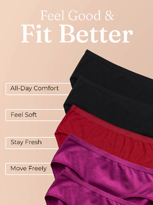 Stack of black, red, and purple underwear with text on a beige background