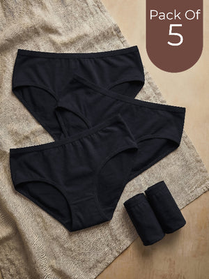 Pack of 5 black underwear on a textured surface with 'Pack Of 5' text.