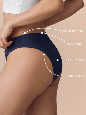 Person wearing navy blue underwear with text labels on a beige background
