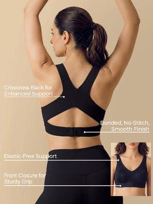Black sports bra with features highlighted on a beige background