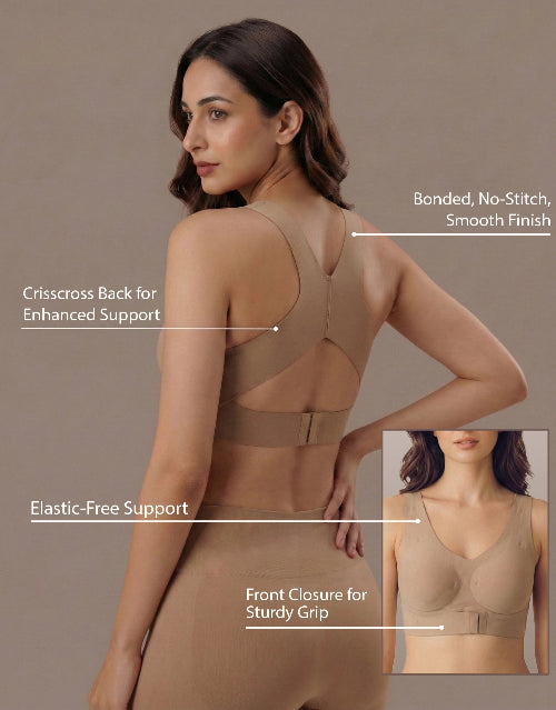 Woman wearing a beige support garment with labeled features on a beige background
