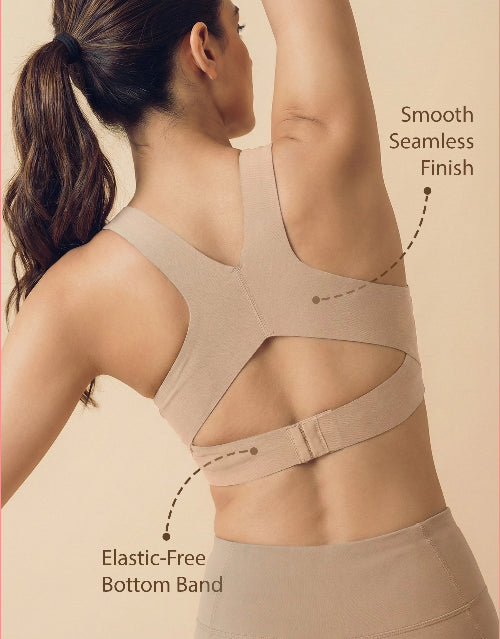 Woman wearing a beige back support brace with text highlighting features on a beige background
