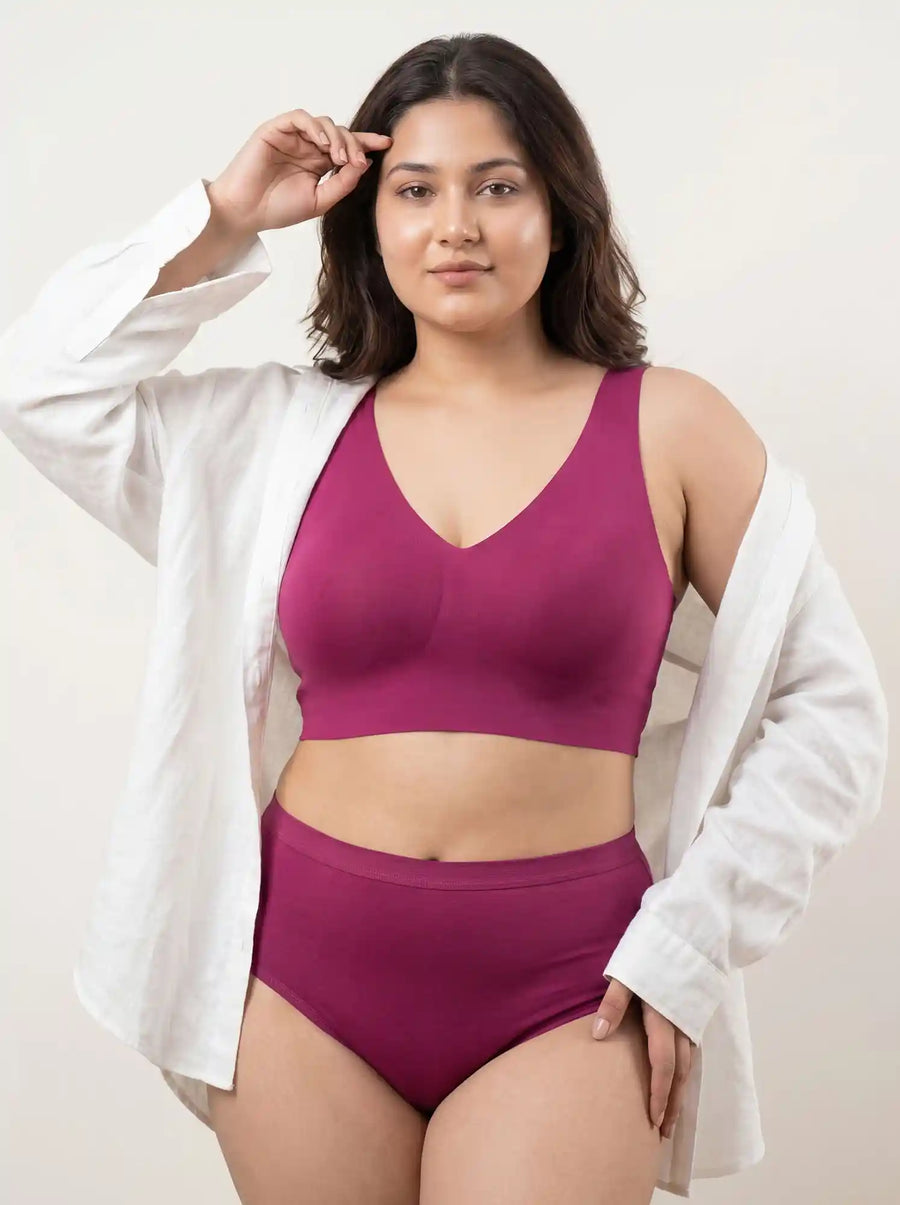 Cotton Plus Size Non-Padded Bonded Bra | Full Coverage & Mid Rise Flexifit Hipster Panty Lingerie Set (TW-SB-915&63)(Wine)
