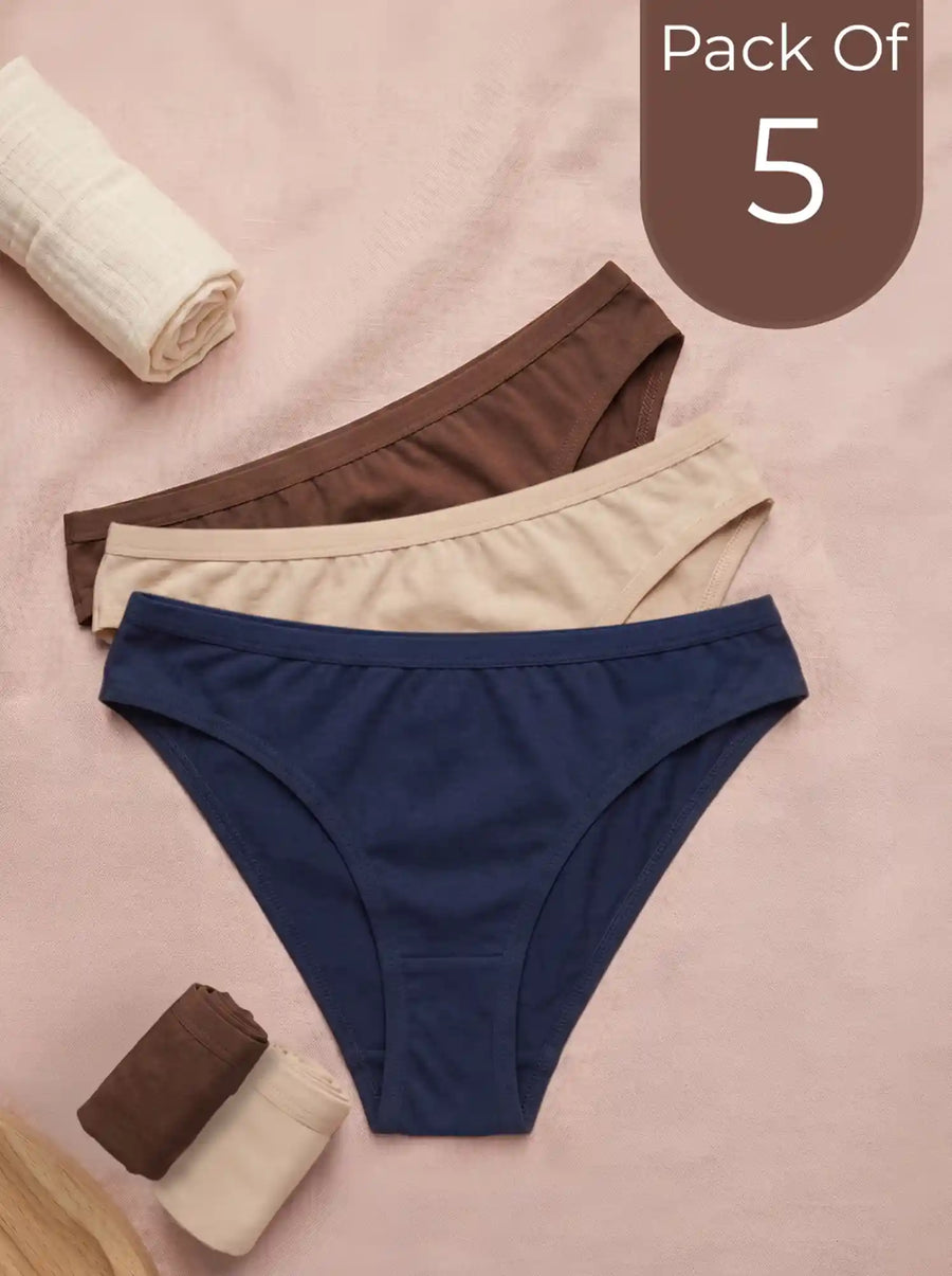 Cotton Medium Coverage Bikini Cut Panty with Soft Waistband (Pack Of 5) (TW-71) (2 Coffee+2 Skin+1 Navy Blue)