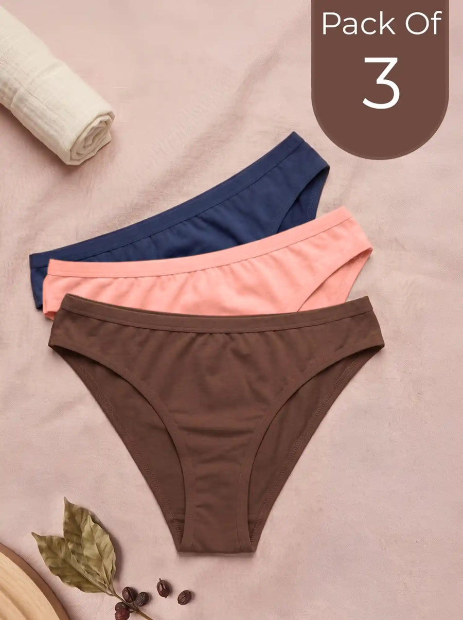 Cotton Medium Coverage Bikini Cut Panty with Soft Waistband(TW-71) (1 Navy+1 Coffee+1 Coral)