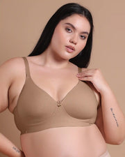Cotton Padded Plus-Size T-Shirt Bonded Bra | Seamless Look, 360° Support & All-Day Comfort (TW-SB-9082) (Fawn) (MR)
