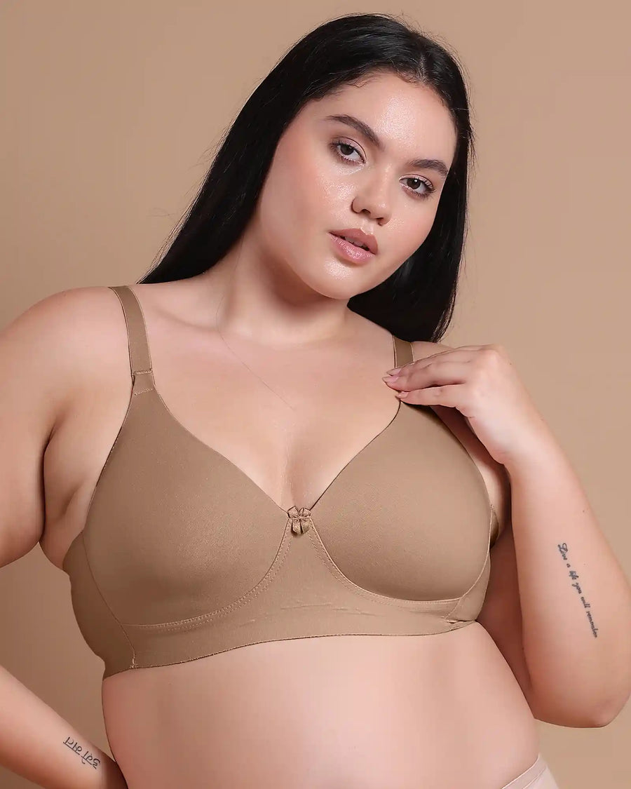 Cotton Padded Plus-Size T-Shirt Bonded Bra | Seamless Look, 360° Support & All-Day Comfort (TW-SB-9082) (Fawn) (MR)