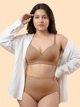 Cotton Padded Bonded Everyday Plus-Size T-Shirt Bonded Bra & Mid Rise Flexifit Hipster Panty Lingerie Set (TW-SB-9082-SET) (Fawn)