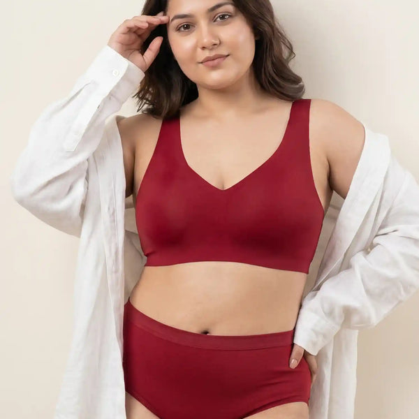 Cotton Plus Size Padded Bonded Bra | Full Coverage & Mid Rise Flexifit Hipster Panty Lingerie Set (TW-SB-918&63)(Red)