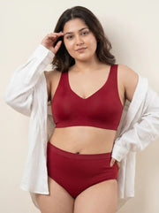 Cotton Plus Size Padded Bonded Bra | Full Coverage & Mid Rise Flexifit Hipster Panty Lingerie Set (TW-SB-918&63)(Red)