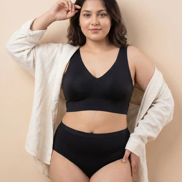 Cotton Plus Size Non-Padded Bonded Bra | Full Coverage & Mid Rise Flexifit Hipster Panty Lingerie Set (TW-SB-915&63)(Black)