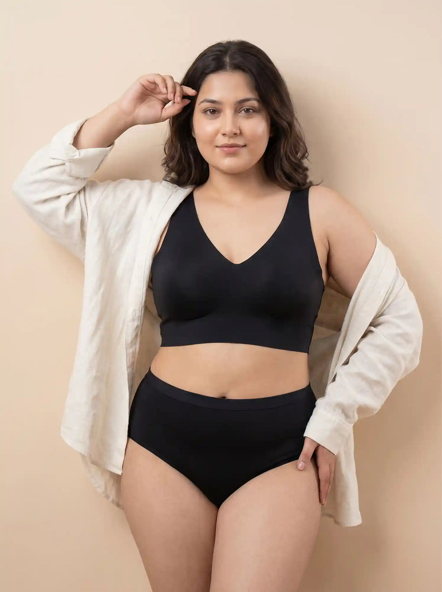 Cotton Plus Size Non-Padded Bonded Bra | Full Coverage & Mid Rise Flexifit Hipster Panty Lingerie Set (TW-SB-915&63)(Black)