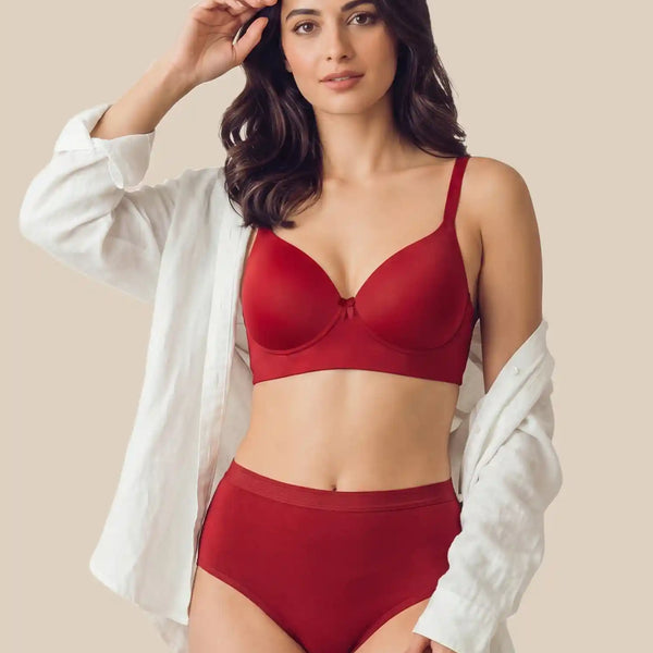 Cotton Push-Up Bonded Bra (Level-2 Padding) 3/4th Coverage & Mid Rise Flexifit Hipster Panty Lingerie Set  (TW-SB-97015&63)(Red)