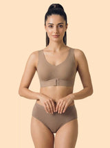 Cotton Padded Bonded Gym Bra | Crisscross Back | Mid Rise Flexifit Hipster Panty Lingerie Set (TW-SB-997+63)(Fawn)