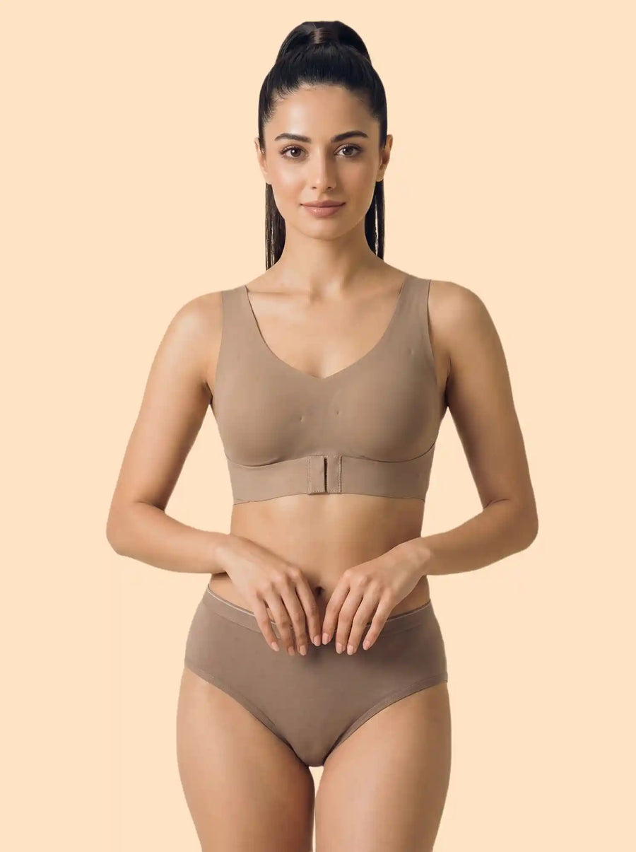 Cotton Padded Bonded Gym Bra | Crisscross Back | Mid Rise Flexifit Hipster Panty Lingerie Set (TW-SB-997+63)(Fawn)