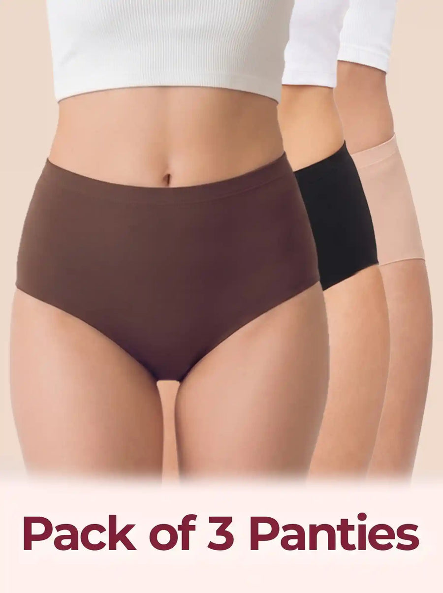 Polyamide Full Coverage High Waist Seamless Hipster Panty with Ultra Soft Inner Elastic Waistband  (TW-3001) (Coffee+Black+Skin)