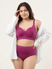 Cotton Padded M-Frame Minimiser Bonded Bra & Mid Rise Flexifit Hipster Panty Lingerie Set (TW-SB-9203&63) (Wine)