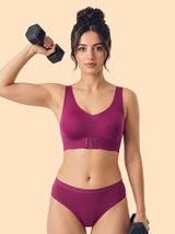 Cotton Non-Padded Bonded Gym Bra | Crisscross Back | Mid Rise Flexifit Hipster Panty Lingerie Set (TW-SB-95+63)(Wine)