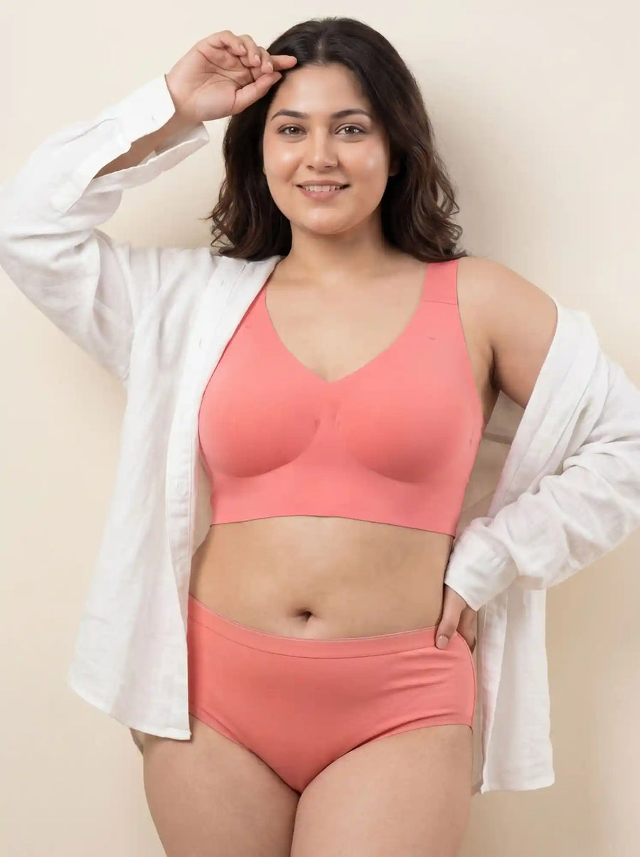 Cotton Plus Size Padded Bonded Bra | Full Coverage & Mid Rise Flexifit Hipster Panty Lingerie Set (TW-SB-918&63)(Coral)