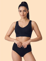 Cotton Non-Padded Bonded Gym Bra | Crisscross Back | Mid Rise Flexifit Hipster Panty Lingerie Set (TW-SB-95+63)(Black)