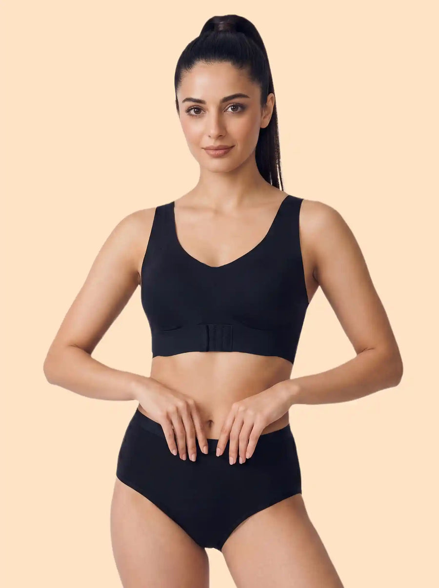 Cotton Non-Padded Bonded Gym Bra | Crisscross Back | Mid Rise Flexifit Hipster Panty Lingerie Set (TW-SB-95+63)(Black)