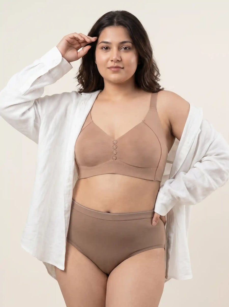 Cotton Non-Padded M-Frame Minimiser Bonded Bra & Mid Rise Flexifit Hipster Panty Lingerie Set (TW-SB-9303+63) (Fawn)
