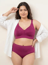 Cotton Non-Padded M-Frame Minimiser Bonded Bra & Mid Rise Flexifit Hipster Panty Lingerie Set (TW-SB-9303+63) (Wine)