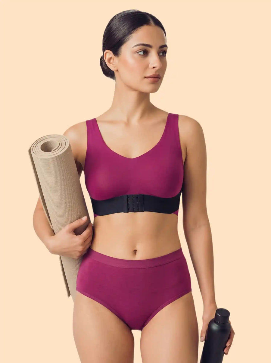 Cotton Padded Bonded Gym Bra | Crisscross Back | Mid Rise Flexifit Hipster Panty Lingerie Set (TW-SB-9977+63)(Wine)