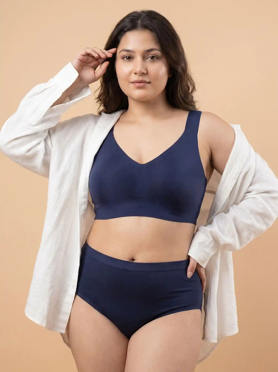 Cotton Plus Size Non-Padded Bonded Bra | Full Coverage & Mid Rise Flexifit Hipster Panty Lingerie Set (TW-SB-915&63)(Navy)