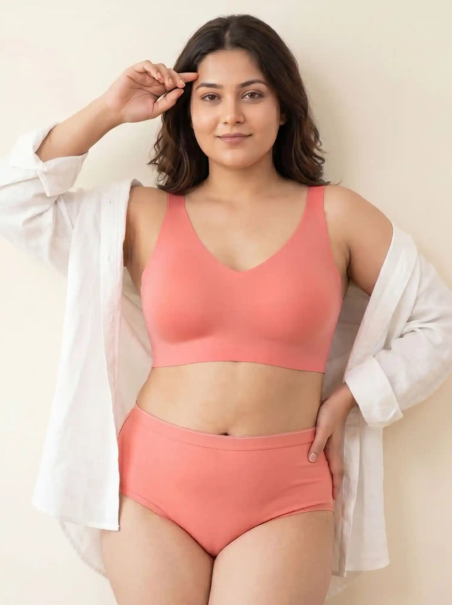 Cotton Plus Size Non-Padded Bonded Bra | Full Coverage & Mid Rise Flexifit Hipster Panty Lingerie Set (TW-SB-915&63)(Coral)