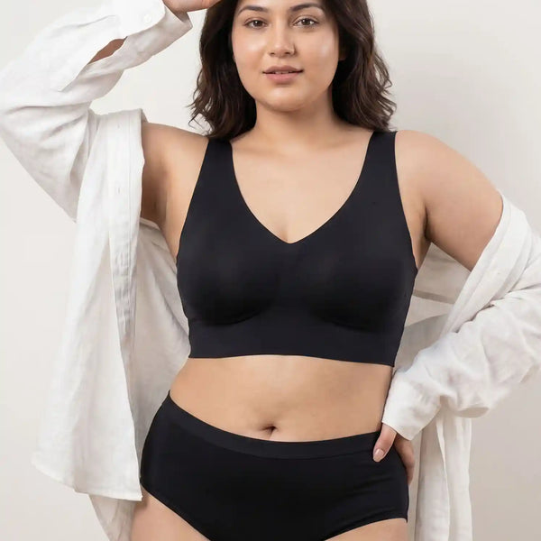 Cotton Plus Size Padded Bonded Bra | Full Coverage & Mid Rise Flexifit Hipster Panty Lingerie Set (TW-SB-918&63)(Black)