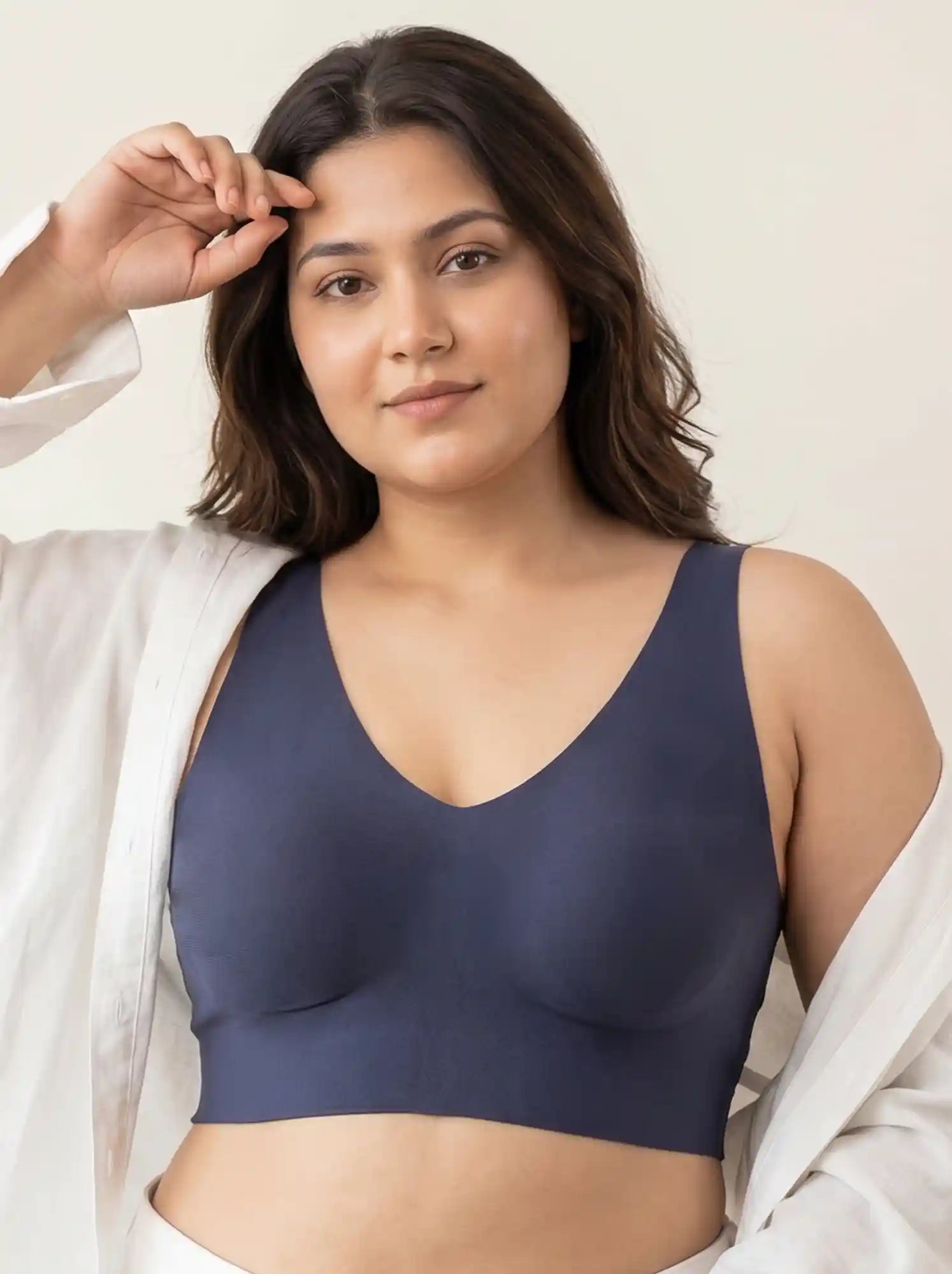 Cotton Non-Padded Plus-Size Bonded Bra with Hidden Concealer (SB-915-Navy)