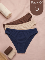 Cotton Medium Coverage Bikini Cut Panty with Soft Waistband (Pack Of 5) (TW-71) (2 Coffee+2 Skin+1 Navy Blue)
