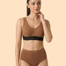 Cotton Padded Bonded Gym Bra | Crisscross Back | Mid Rise Flexifit Hipster Panty Lingerie Set (TW-SB-9977+63)(Fawn)