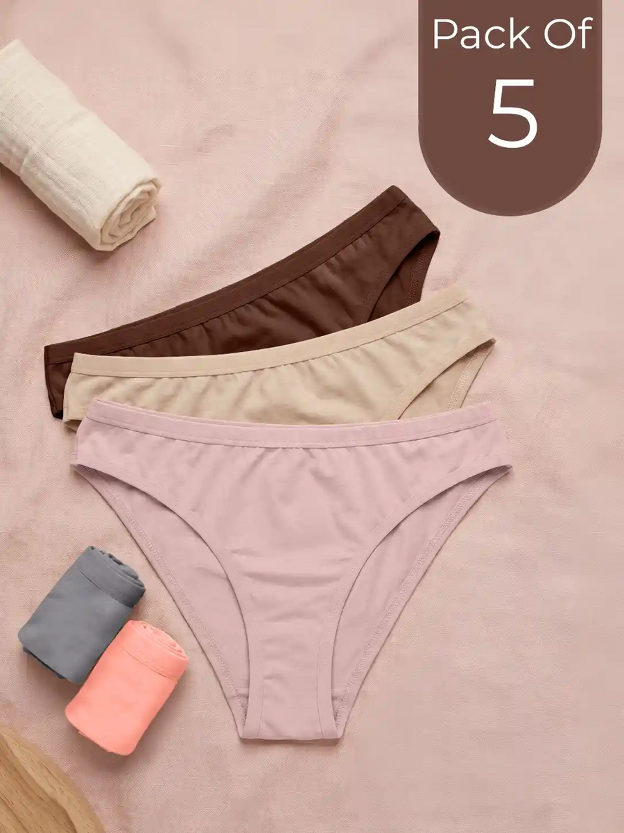 Cotton Medium Coverage Bikini Cut Panty with Soft Waistband(TW-71) (1 Coffee+1 Skin+1 Plum+1 Dark Grey+1 Coral)