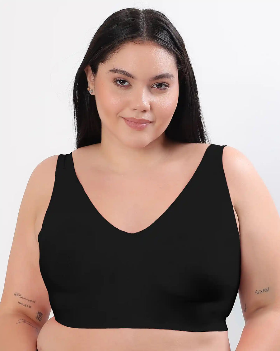 Cotton Non-Padded Plus-Size Bonded Bra with Hidden Concealer (SB-915-Black) (MR)