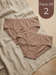 Two pairs of brown underwear on a textured beige surface with 'Pack Of 2' text.