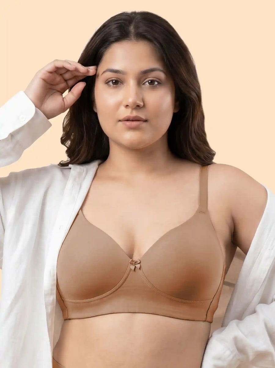 Cotton Padded Plus-Size T-Shirt Bonded Bra | Seamless Look, 360° Support & All-Day Comfort (TW-SB-9082) (Fawn)