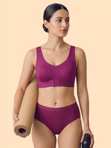 Cotton Padded Bonded Gym Bra | Crisscross Back | Mid Rise Flexifit Hipster Panty Lingerie Set (TW-SB-997+63)(Wine)