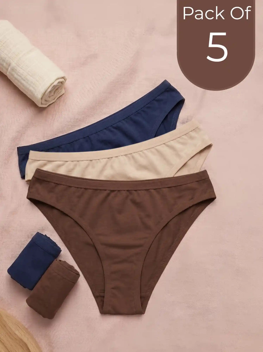 Cotton Medium Coverage Bikini Cut Panty with Soft Waistband (Pack Of 5)(TW-71) (2 Navy Blue+2 Coffee+1 Skin)