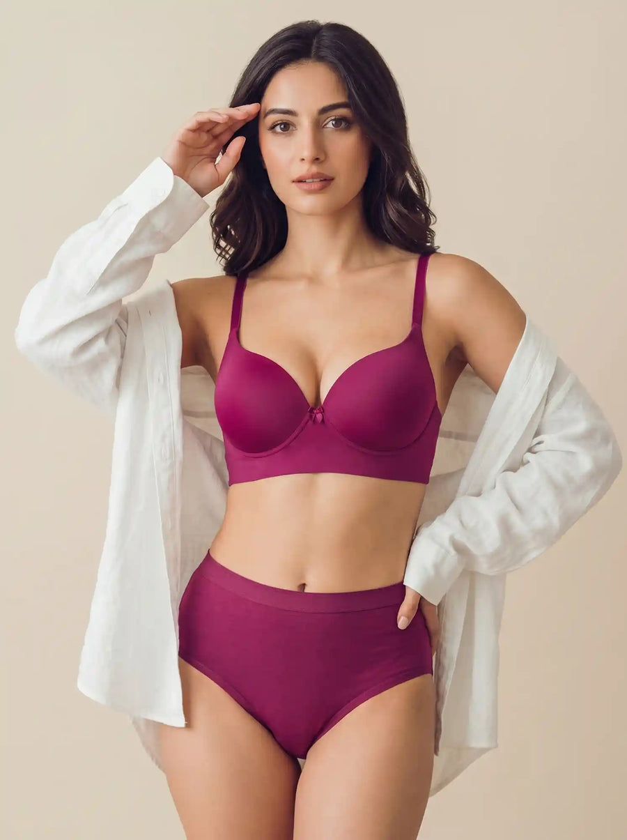 Cotton Push-Up Bonded Bra (Level-2 Padding) 3/4th Coverage & Mid Rise Flexifit Hipster Panty Lingerie Set  (TW-SB-97015&63)(Wine)