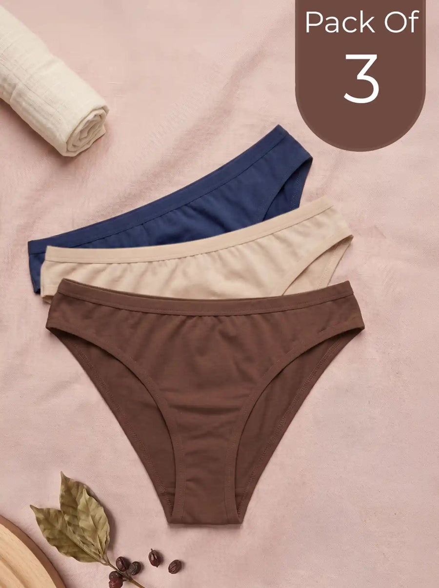 Cotton Medium Coverage Bikini Cut Panty with Soft Waistband (TW-71) (Coffee+Skin+Navy Blue)