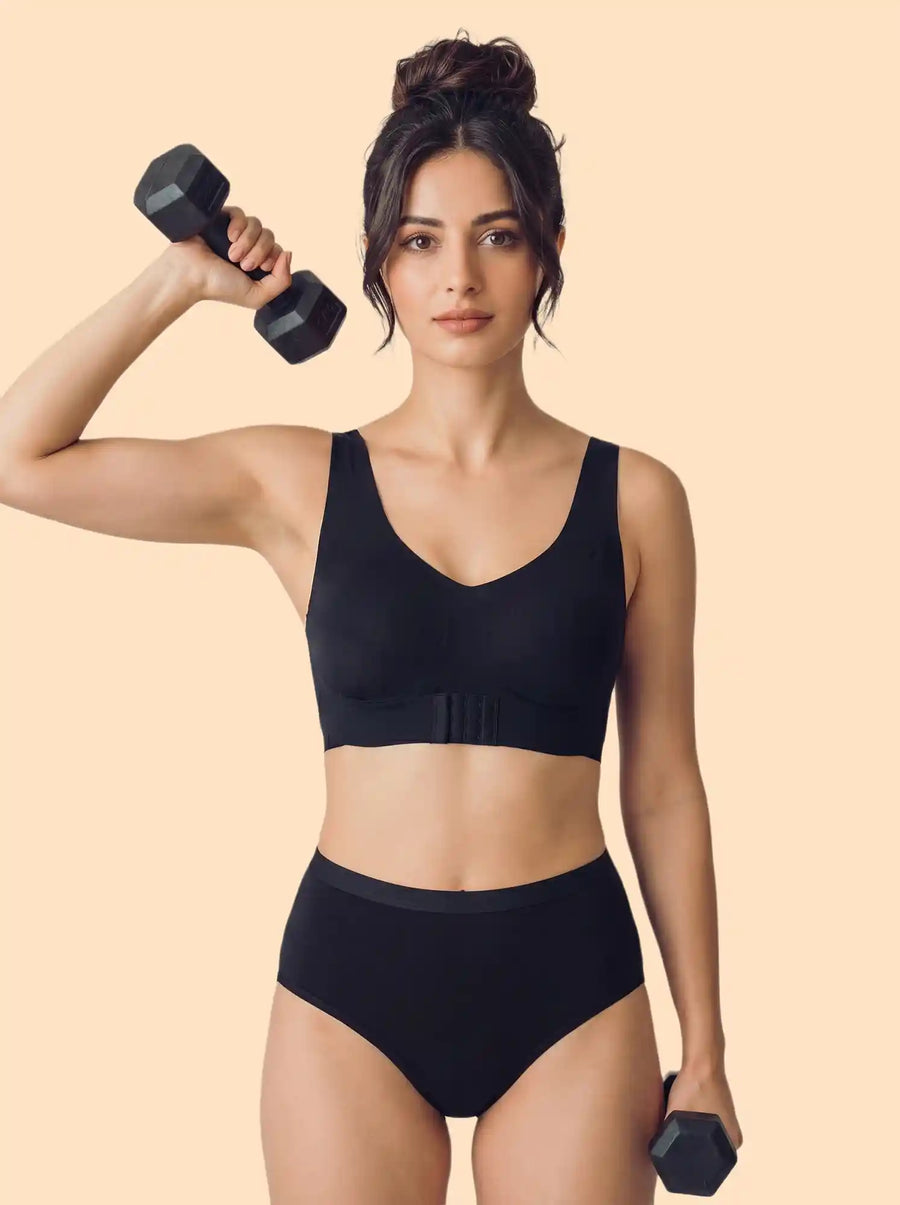 Cotton Padded Bonded Gym Bra | Crisscross Back | Mid Rise Flexifit Hipster Panty Lingerie Set (TW-SB-997+63)(Black)