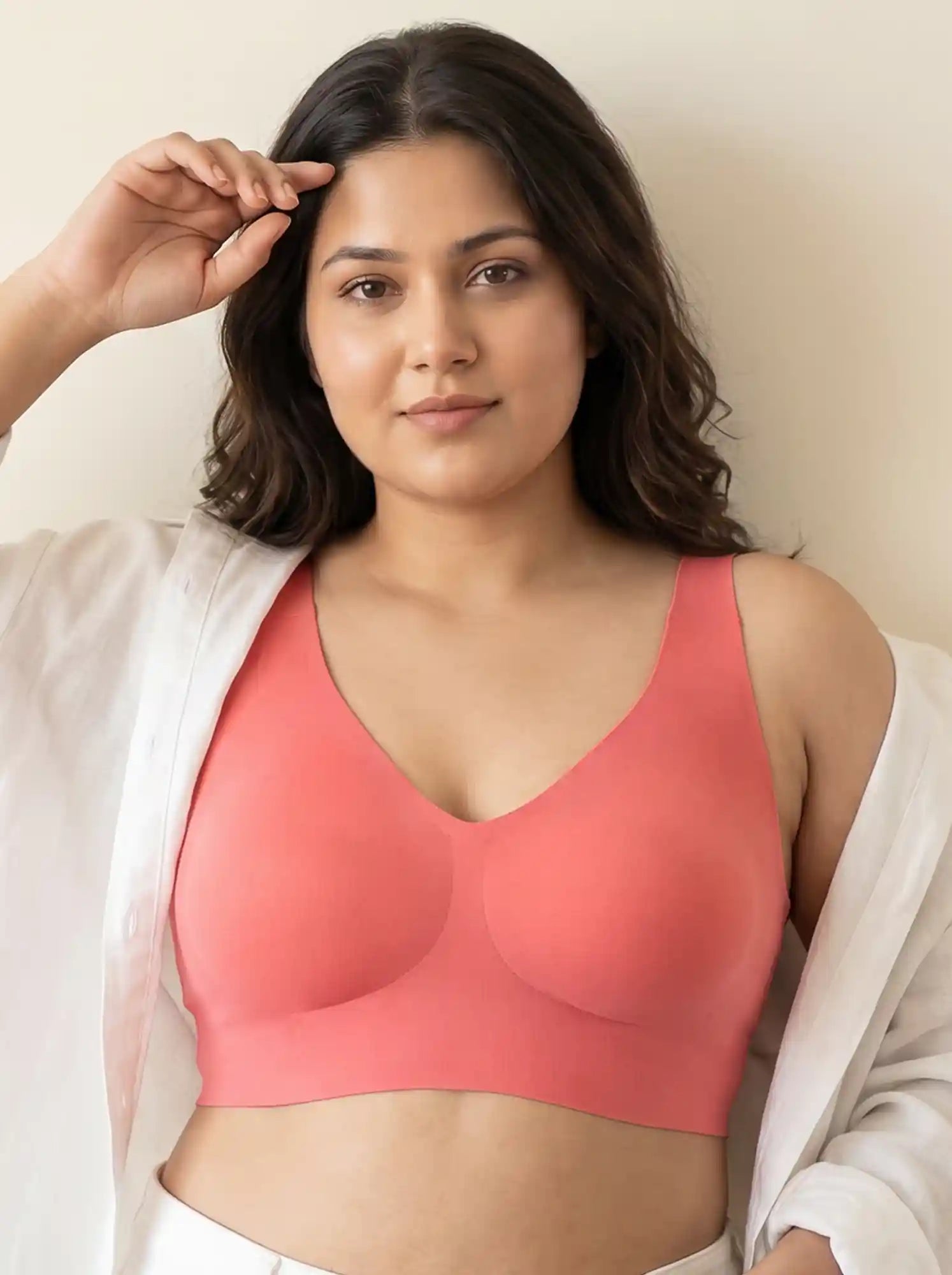 Cotton Non-Padded Plus-Size Bonded Bra with Hidden Concealer (SB-915-Coral)