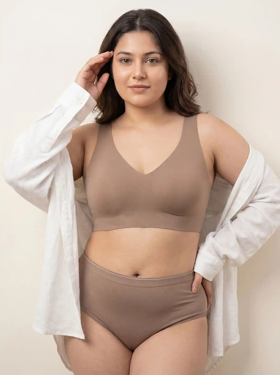 Cotton Plus Size Non-Padded Bonded Bra | Full Coverage & Mid Rise Flexifit Hipster Panty Lingerie Set (TW-SB-915&63)(Fawn)