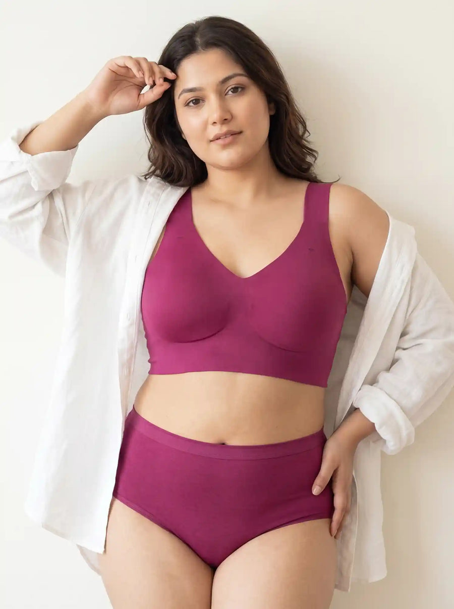 Cotton Plus Size Padded Bonded Bra | Full Coverage & Mid Rise Flexifit Hipster Panty Lingerie Set (TW-SB-918&63)(Wine)
