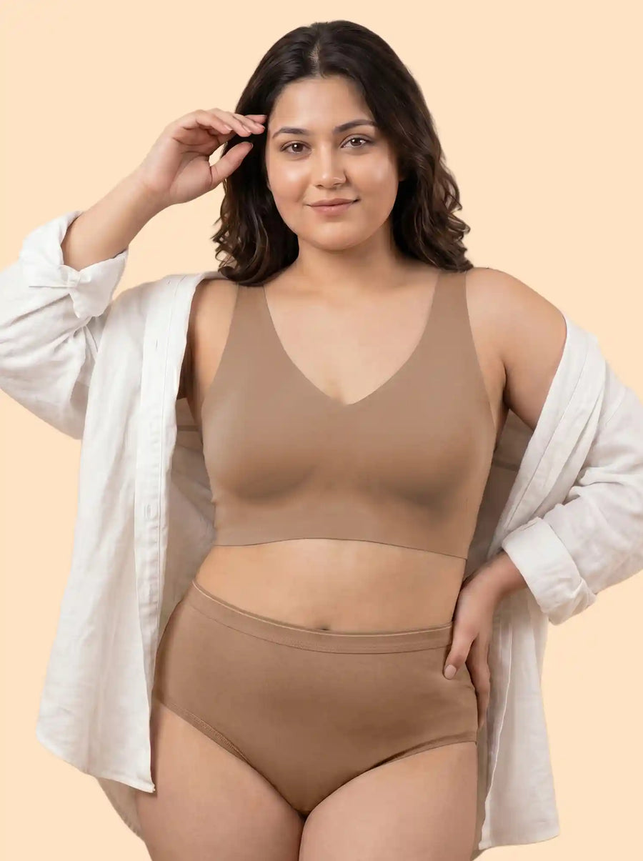 Cotton Plus Size Padded Bonded Bra | Full Coverage & Mid Rise Flexifit Hipster Panty Lingerie Set (TW-SB-918&63)(Fawn)